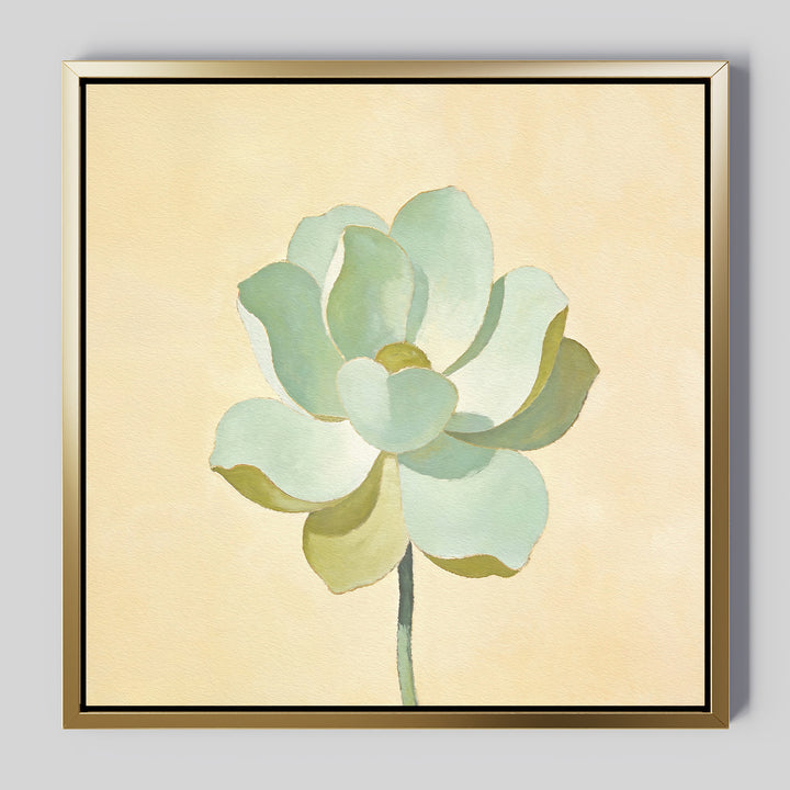 Jade Reflection Canvas Art - Square: A framed canvas print showcasing a single light green flower with rounded petals on a pale beige background. This hand-painted watercolor piece brings minimalist, Nordic Park-inspired serenity to your space.