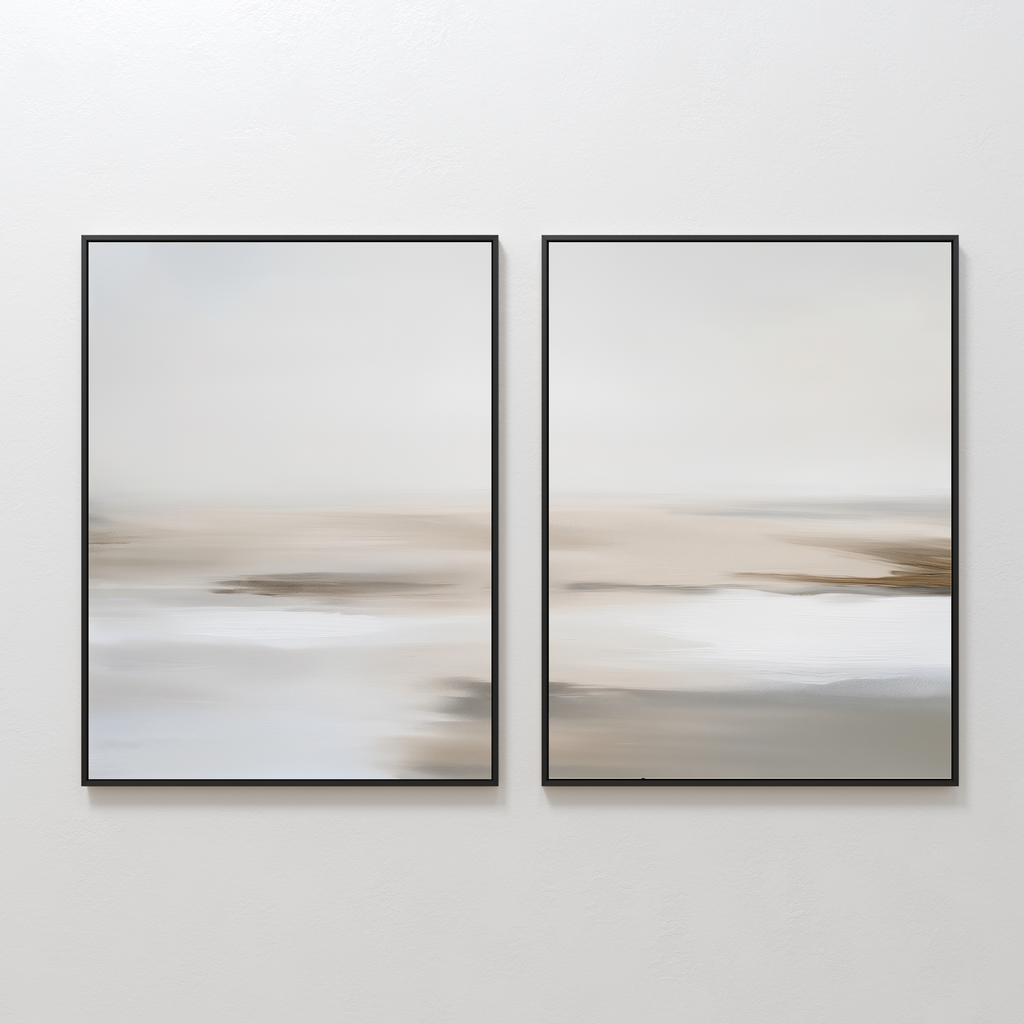 The Tranquil Shifts Set of 2 features framed abstract paintings in soft, blurred earthy tones—minimalist wall art that adds a modern touch to your living room decor when hung side by side.
