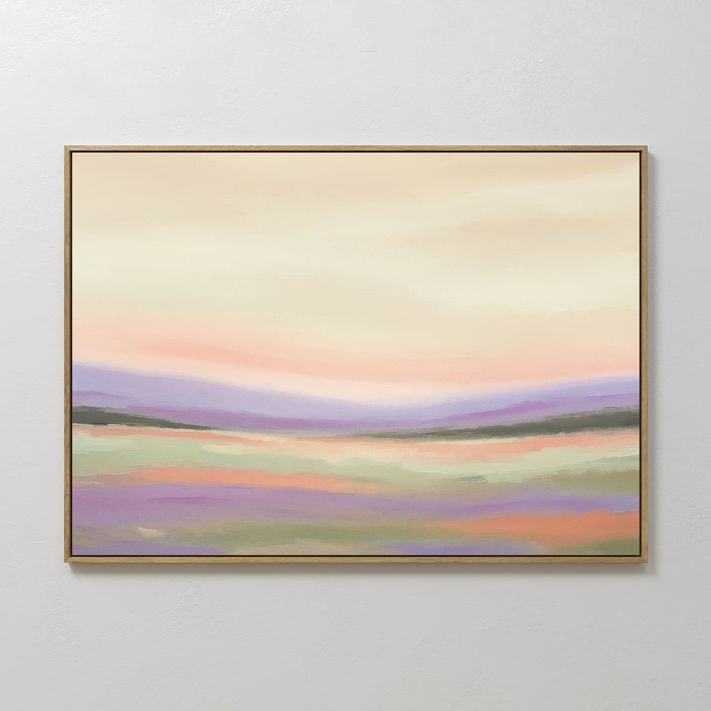 Lavender Valley Canvas Art - Horizontal features a framed abstract landscape in soft pastels of purple and green, creating a serene Nordic Park-inspired vibe—perfect dreamy wall art to enhance any space.