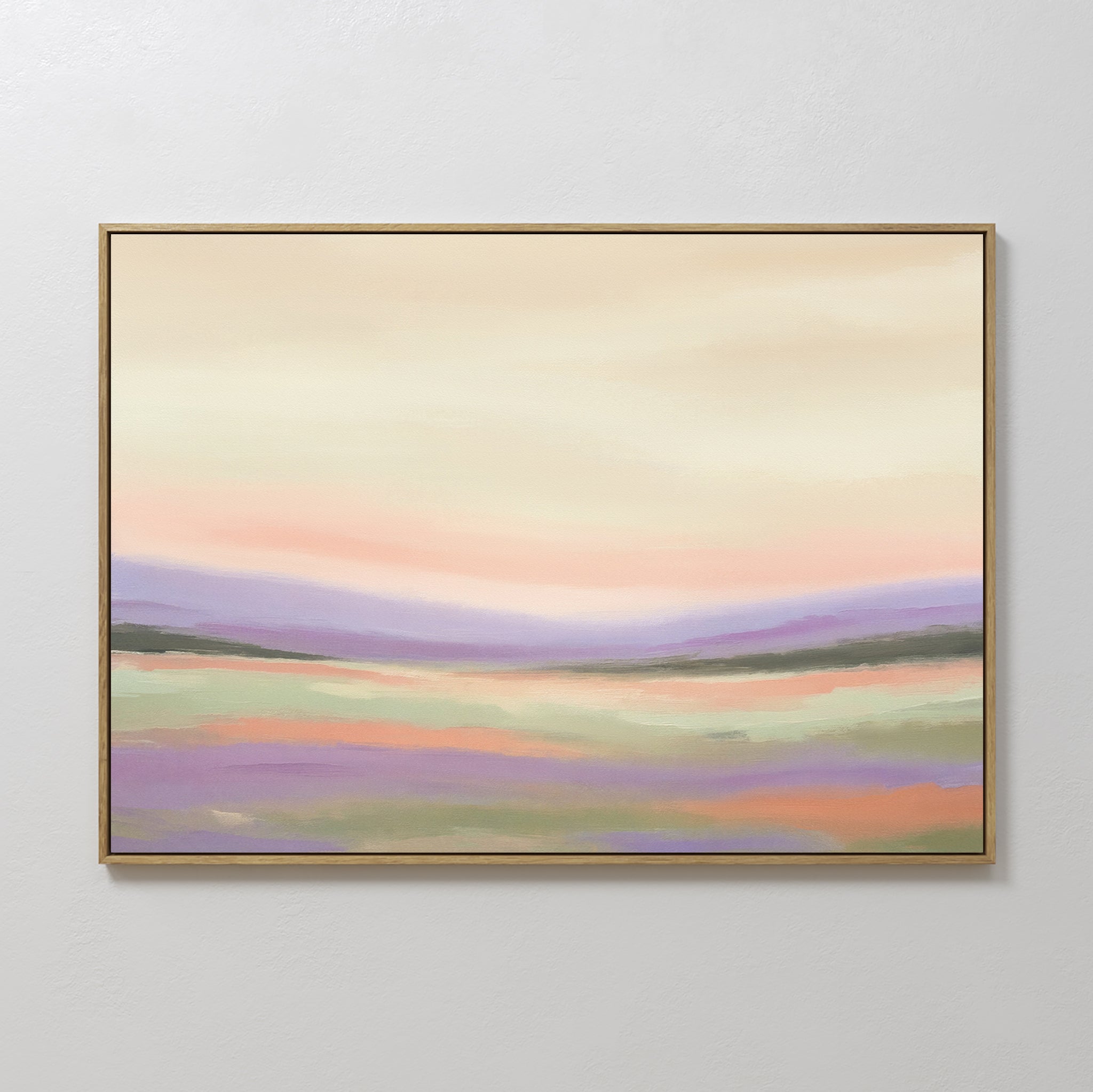 Lavender Valley Canvas Art - Horizontal features a framed abstract landscape in soft pastels of purple and green, creating a serene Nordic Park-inspired vibe—perfect dreamy wall art to enhance any space.