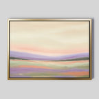 Lavender Valley Canvas Art - Horizontal features gentle pastel hills under a cream sky. Its simple gold frame and modern design make it perfect serene wall art for any room.