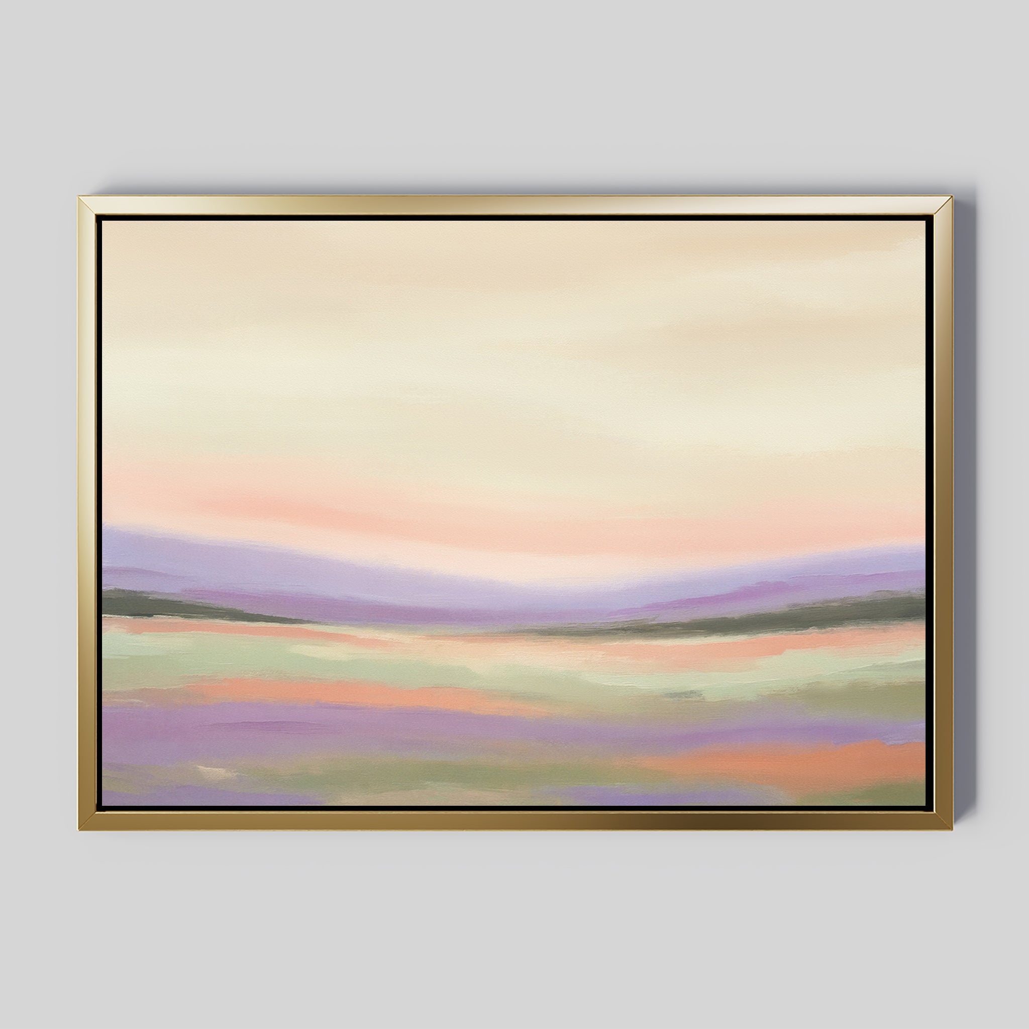 Lavender Valley Canvas Art - Horizontal features gentle pastel hills under a cream sky. Its simple gold frame and modern design make it perfect serene wall art for any room.