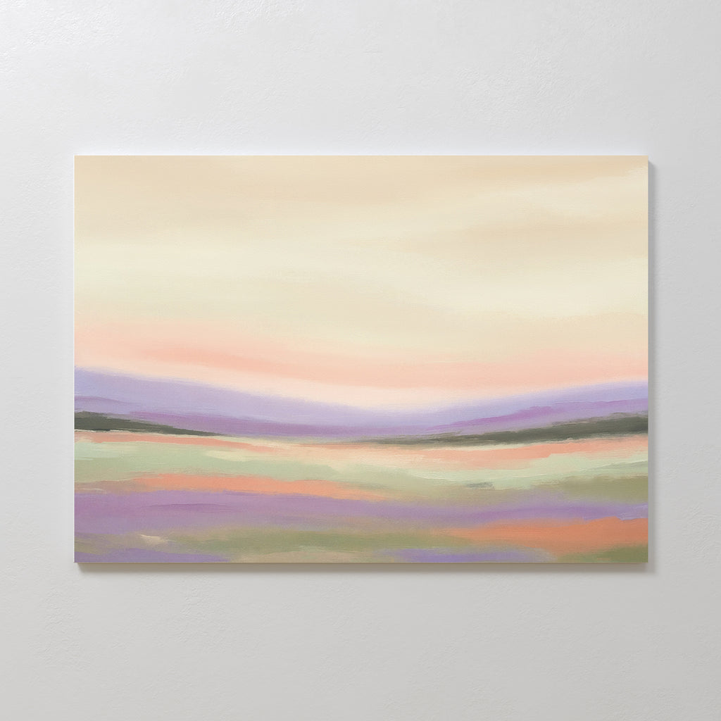 The Lavender Valley Canvas Art - Horizontal features a dreamy lavender landscape with pastel pink, purple, and green hills under a hazy sky, creating calming Nordic Park vibes for your space.