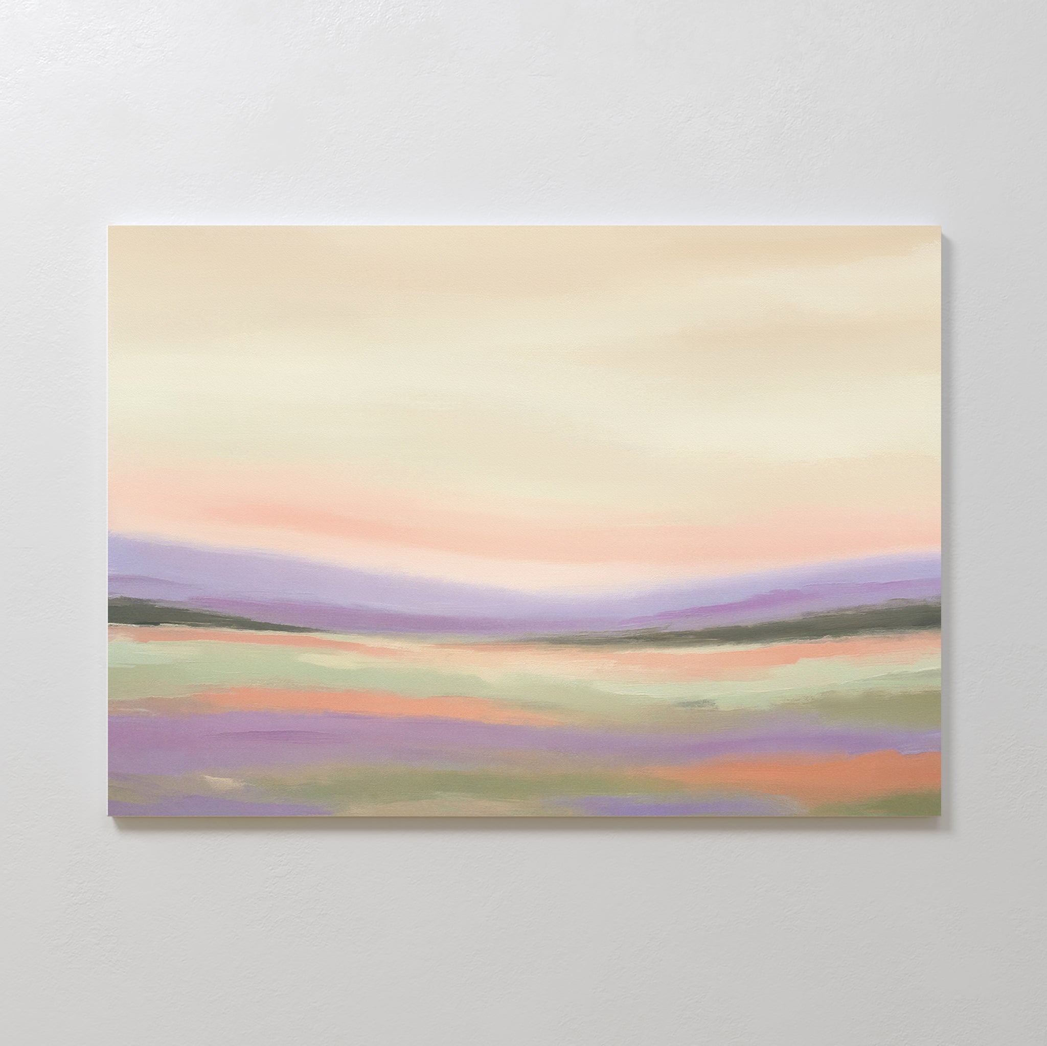 The Lavender Valley Canvas Art - Horizontal features a dreamy lavender landscape with pastel pink, purple, and green hills under a hazy sky, creating calming Nordic Park vibes for your space.