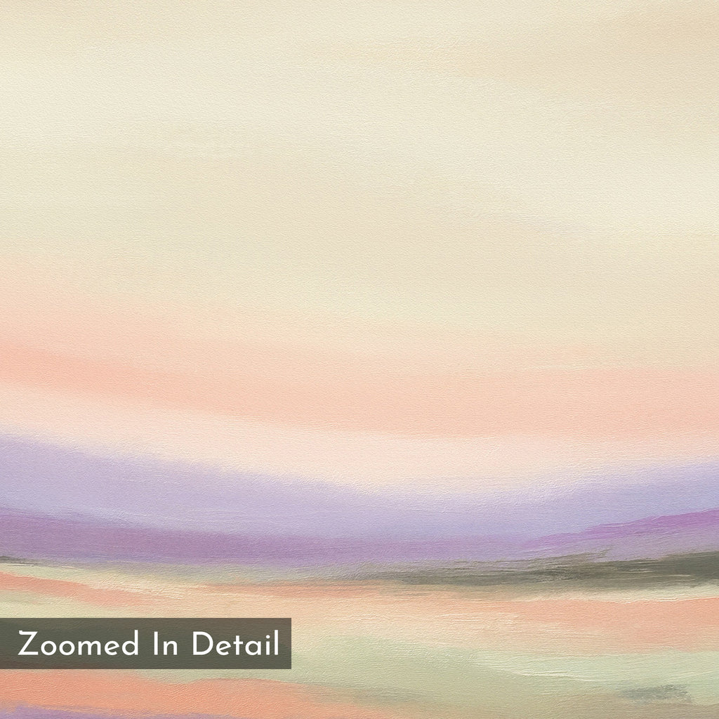 Lavender Valley Canvas Art - Horizontal features abstract pastel strokes in cream, peach, lavender, and green. A small "Zoomed In Detail" label appears at the bottom left. Ideal as serene wall décor or a calming lavender landscape print.