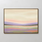 The Lavender Valley Canvas Art - Horizontal features a framed abstract landscape in pastel shades of purple, green, peach, and cream with rolling hills beneath a cloudy sky—perfect serene wall art for any space.