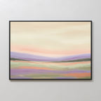 Lavender Valley Canvas Art - Horizontal features gentle pastel hills beneath a cloudy sky, bringing serene wall art vibes to any space—ideal for Nordic Park-inspired decor and stunning on a plain white wall.