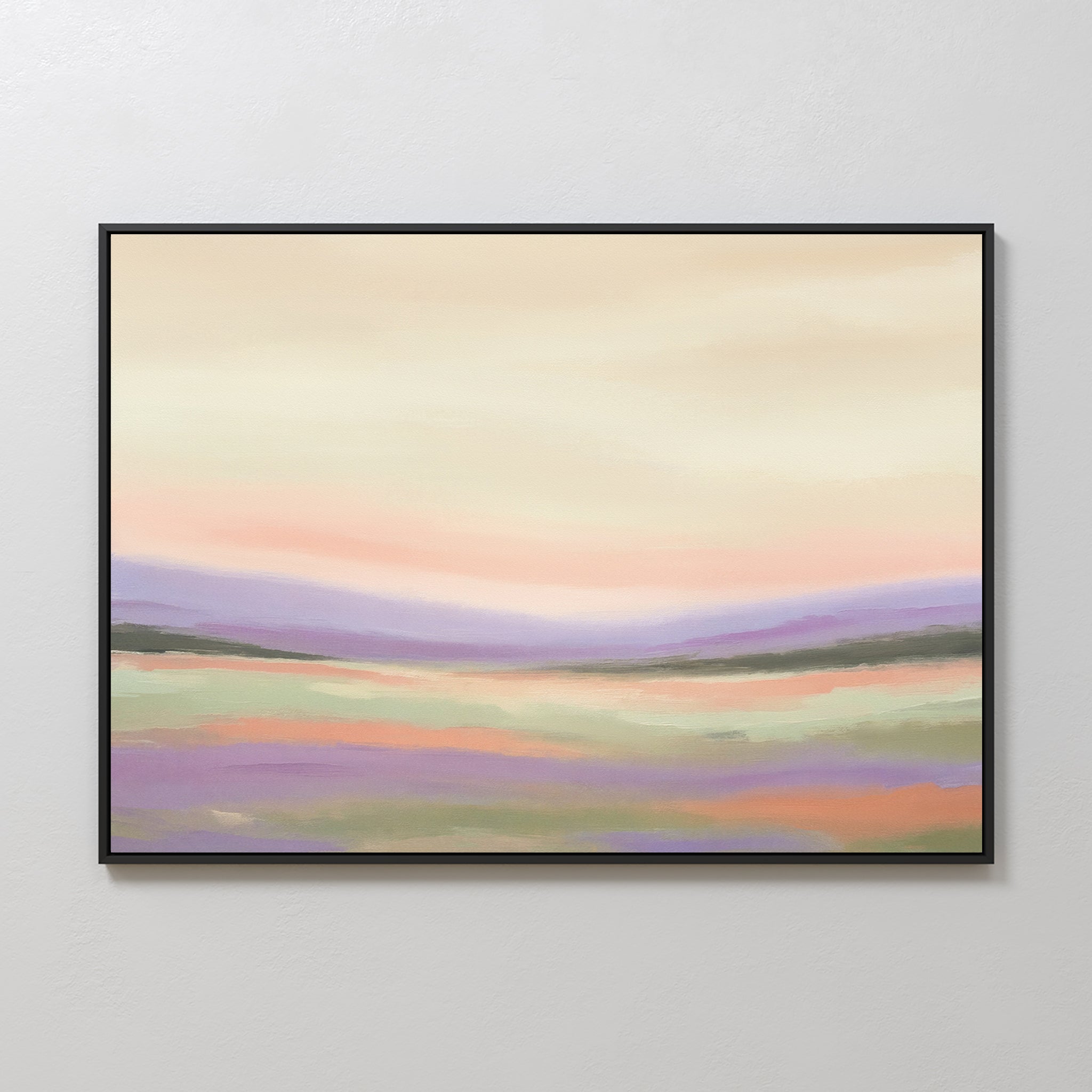 Lavender Valley Canvas Art - Horizontal features gentle pastel hills beneath a cloudy sky, bringing serene wall art vibes to any space—ideal for Nordic Park-inspired decor and stunning on a plain white wall.