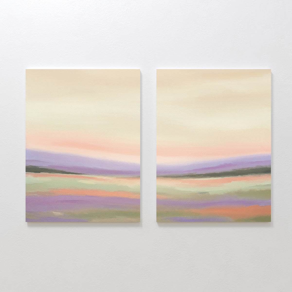 The Lavender Valley - Set Of 2 features side-by-side canvas paintings with soft pastel pink, purple, green, and beige tones, depicting an abstract landscape that brings a serene Nordic Park vibe to your wall decor.