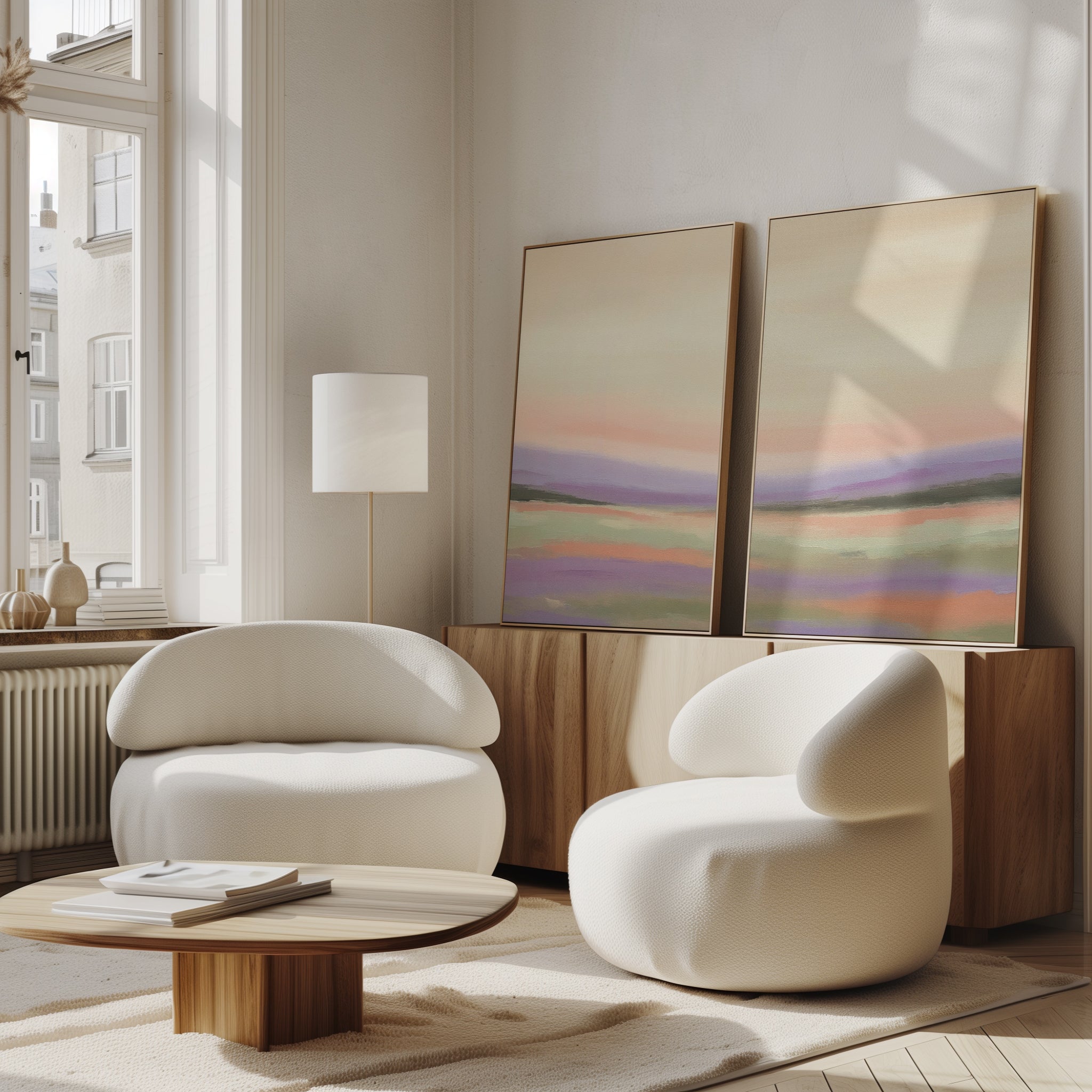 A modern living room with two rounded white armchairs, a low wooden coffee table, a tall floor lamp, and serene wall art—Lavender Valley - Set Of 2 pastel abstract paintings—leaning against a wooden sideboard beneath large windows.