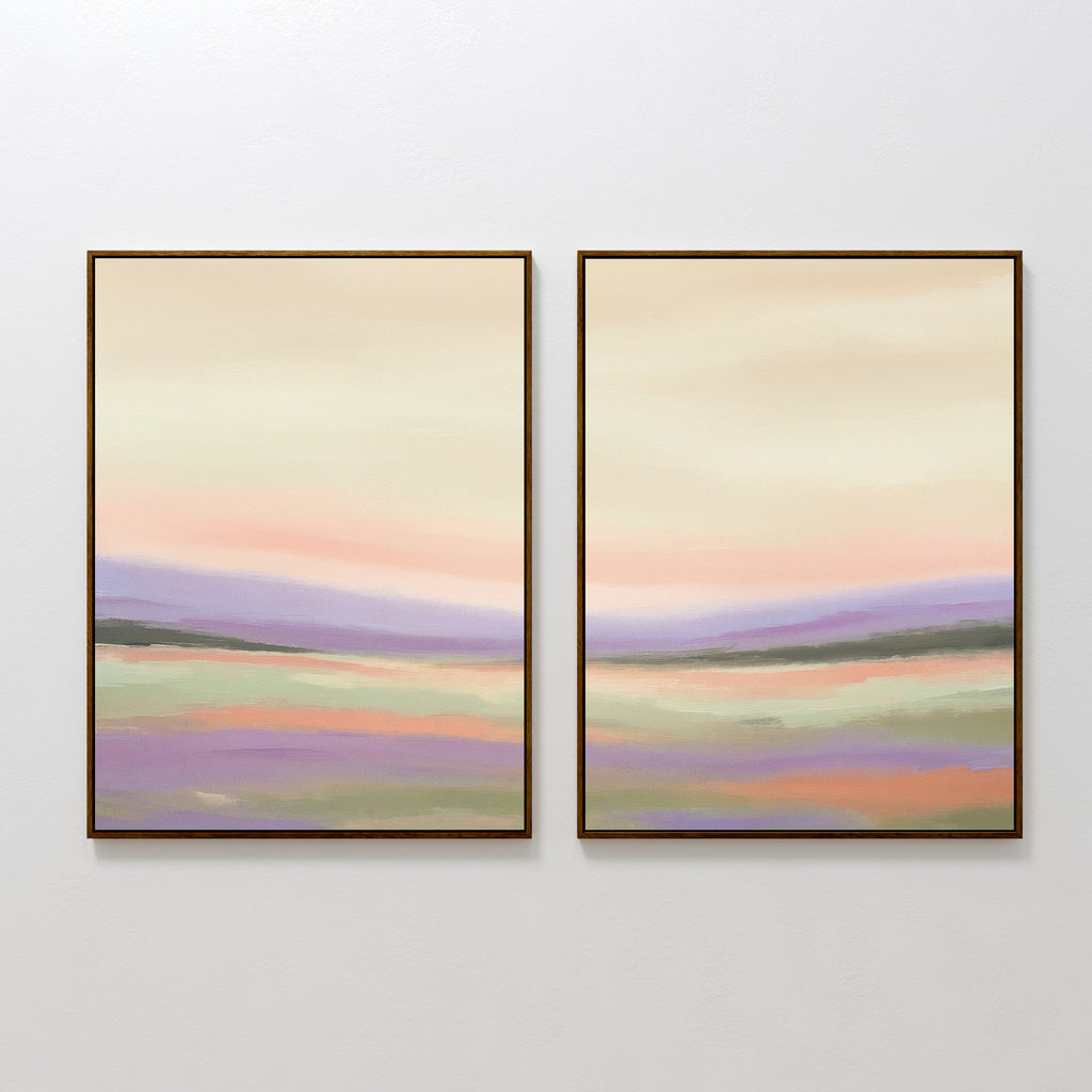 The Lavender Valley - Set Of 2 features framed prints with pastel pink, purple, green, and beige tones, depicting serene lavender landscapes—ideal wall art for a calming touch in any room.