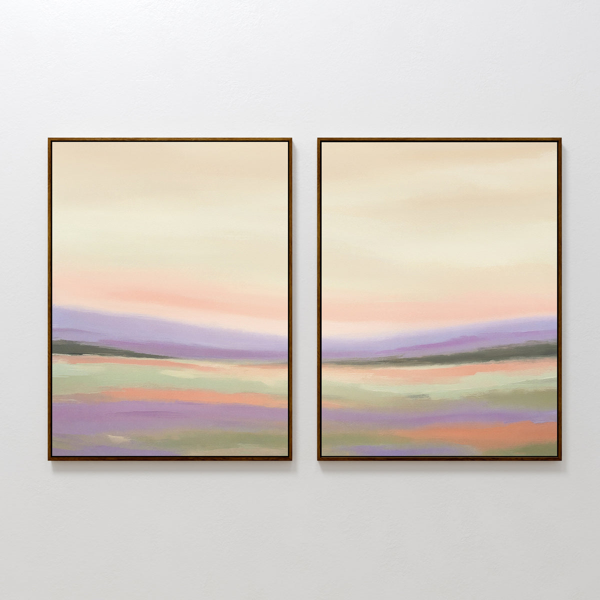 The Lavender Valley - Set Of 2 features framed prints with pastel pink, purple, green, and beige tones, depicting serene lavender landscapes—ideal wall art for a calming touch in any room.
