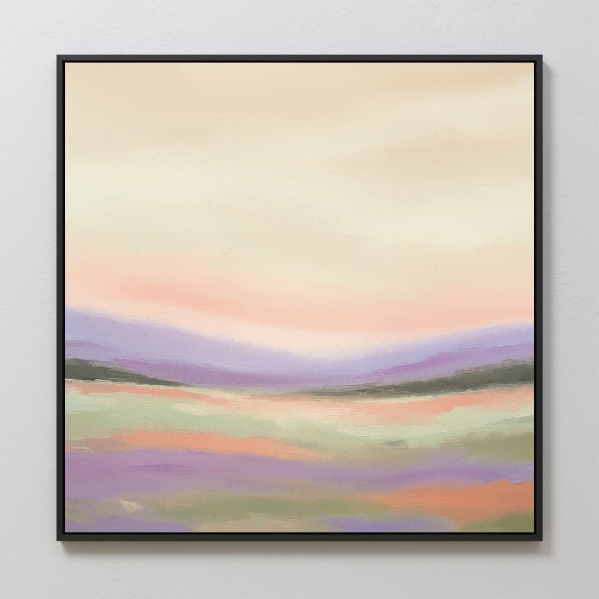 Lavender Valley Canvas Art - Square features a framed abstract landscape with soft pastels: a hazy cream and pink sky above purple, green, and orange hills. This serene wall art brings an impressionistic Nordic park feel to your space.
