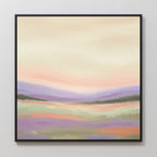 Lavender Valley Canvas Art - Square features a framed abstract landscape with soft pastels: a hazy cream and pink sky above purple, green, and orange hills. This serene wall art brings an impressionistic Nordic park feel to your space.