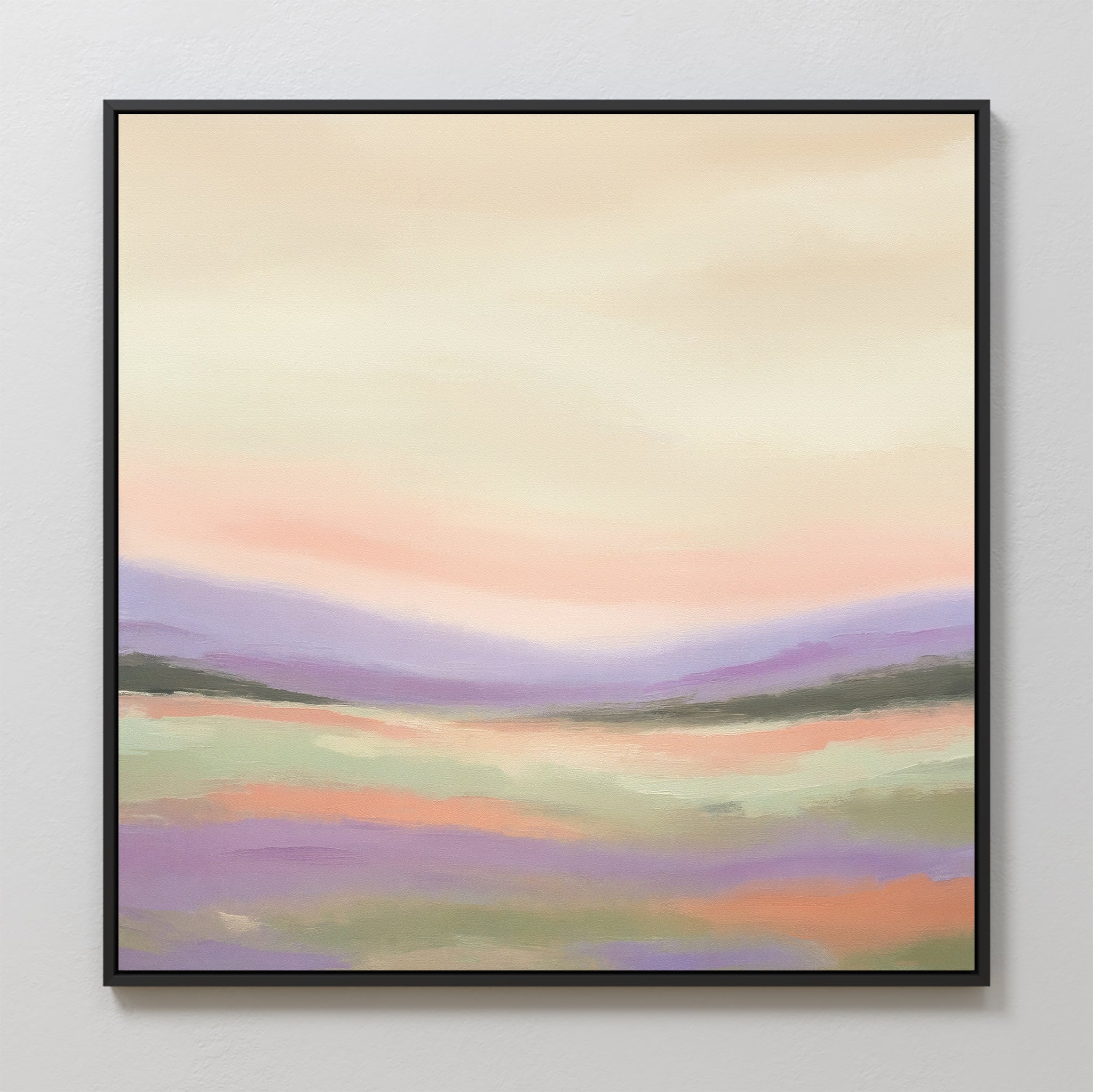 Lavender Valley Canvas Art - Square features a framed abstract landscape with soft pastels: a hazy cream and pink sky above purple, green, and orange hills. This serene wall art brings an impressionistic Nordic park feel to your space.
