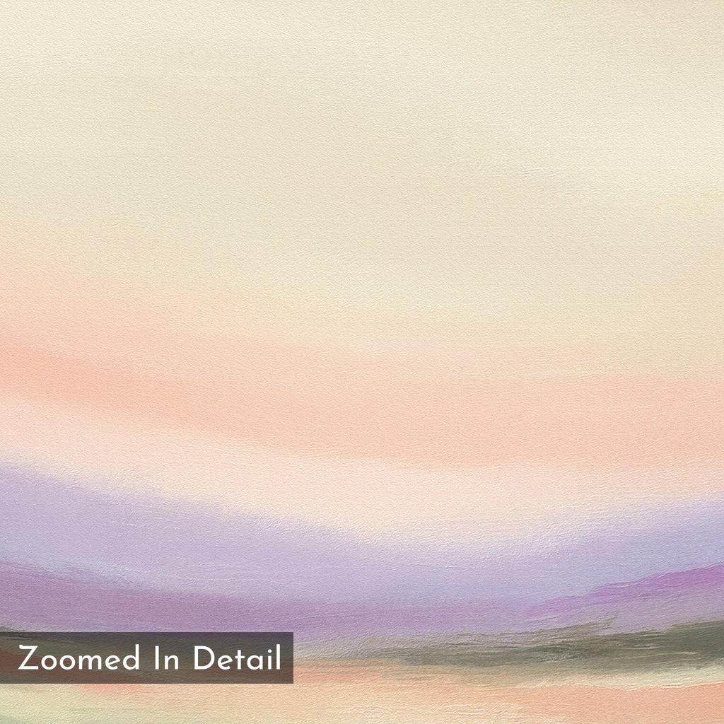A close-up of the Lavender Valley Canvas Art - Square shows soft, blended pastel hues of peach, lavender, and cream with gentle brushstrokes. This serene wall art adds a calming touch to any space. Text reads Zoomed In Detail.