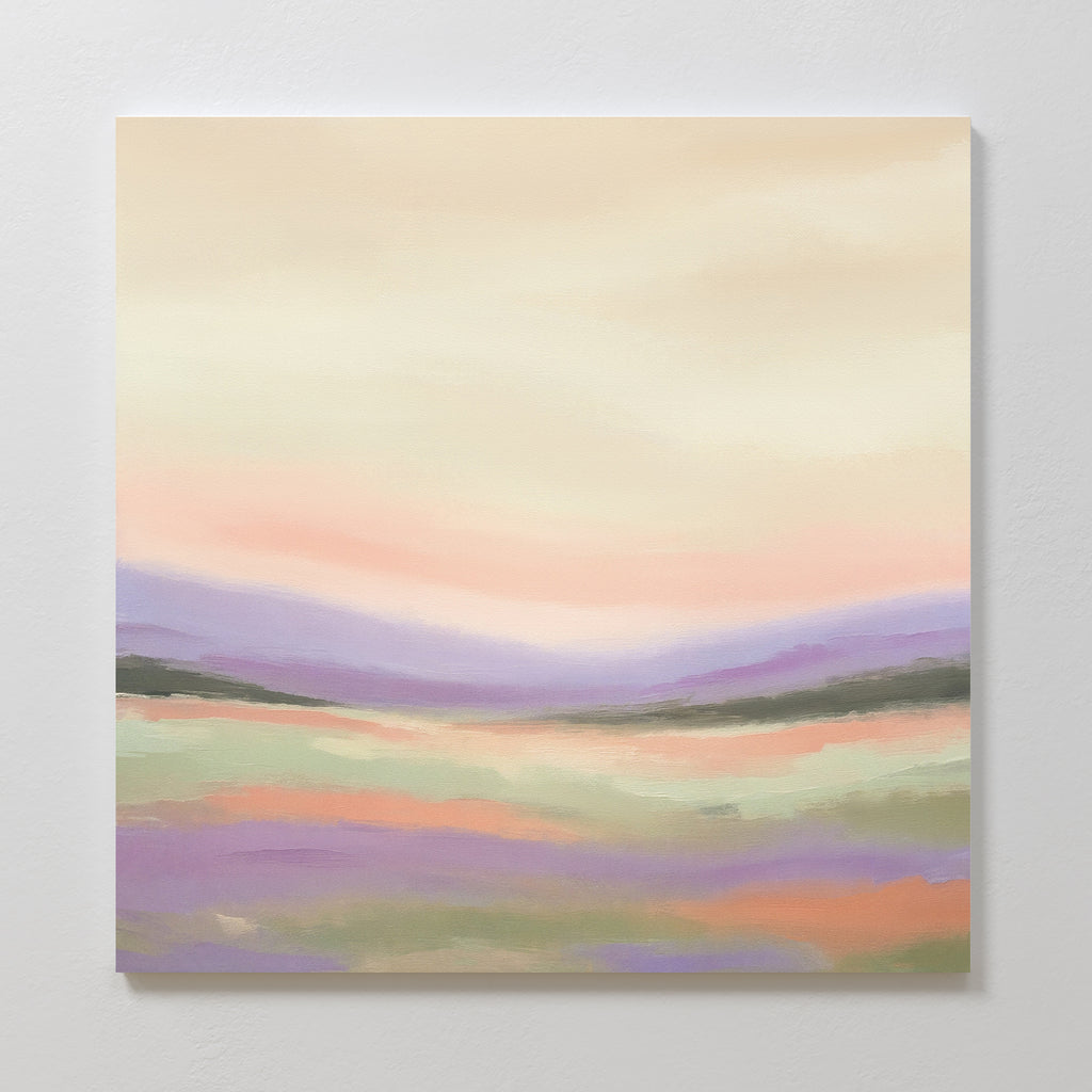 Lavender Valley Canvas Art - Square features a pastel landscape of rolling purple and green hills beneath a peach and cream sky, creating a calm, dreamy atmosphere—ideal for adding serene wall art to your space.