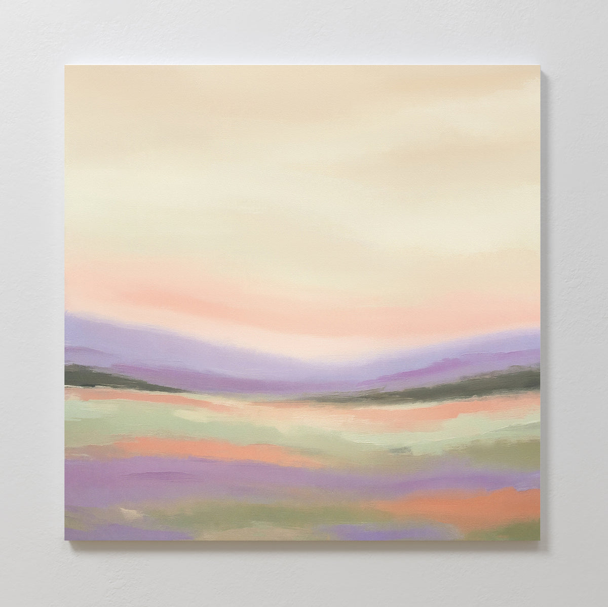 Lavender Valley Canvas Art - Square features a pastel landscape of rolling purple and green hills beneath a peach and cream sky, creating a calm, dreamy atmosphere—ideal for adding serene wall art to your space.