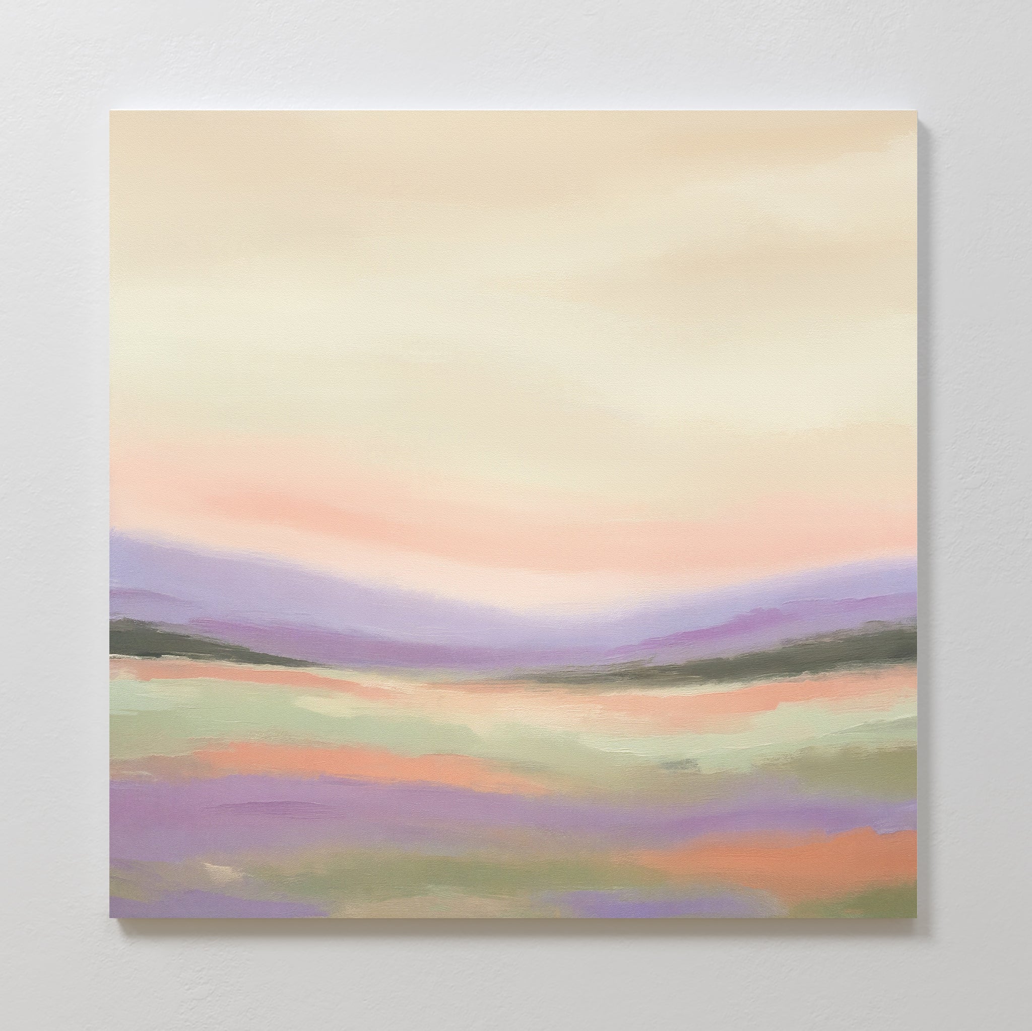 Lavender Valley Canvas Art - Square features a pastel landscape of rolling purple and green hills beneath a peach and cream sky, creating a calm, dreamy atmosphere—ideal for adding serene wall art to your space.