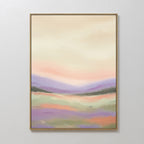 The Lavender Valley Canvas Art - Vertical features soft pastel hues of peach, green, cream, and lavender in a serene landscape of rolling hills and a gentle sky—ideal as tranquil wall art for any room.