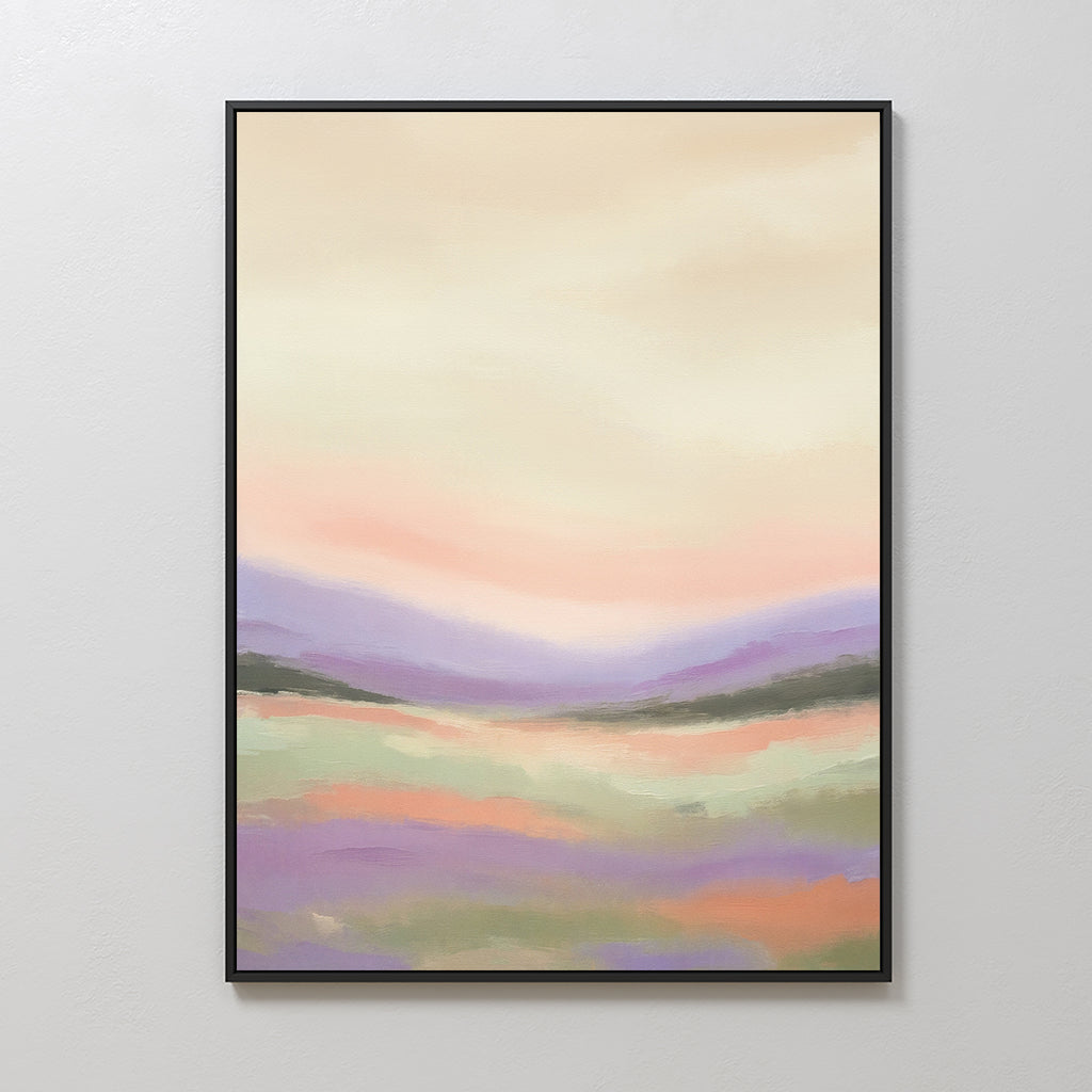 Lavender Valley Canvas Art - Vertical features an abstract landscape with soft pastel lavender, peach, pink, and green tones. This serene framed wall art adds an impressionistic touch to any space with its depiction of rolling hills under a pale sky.