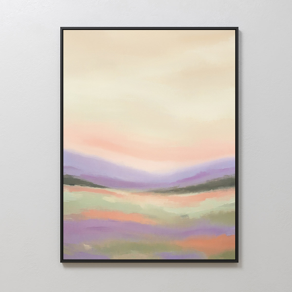 Lavender Valley Canvas Art - Vertical features an abstract landscape with soft pastel lavender, peach, pink, and green tones. This serene framed wall art adds an impressionistic touch to any space with its depiction of rolling hills under a pale sky.