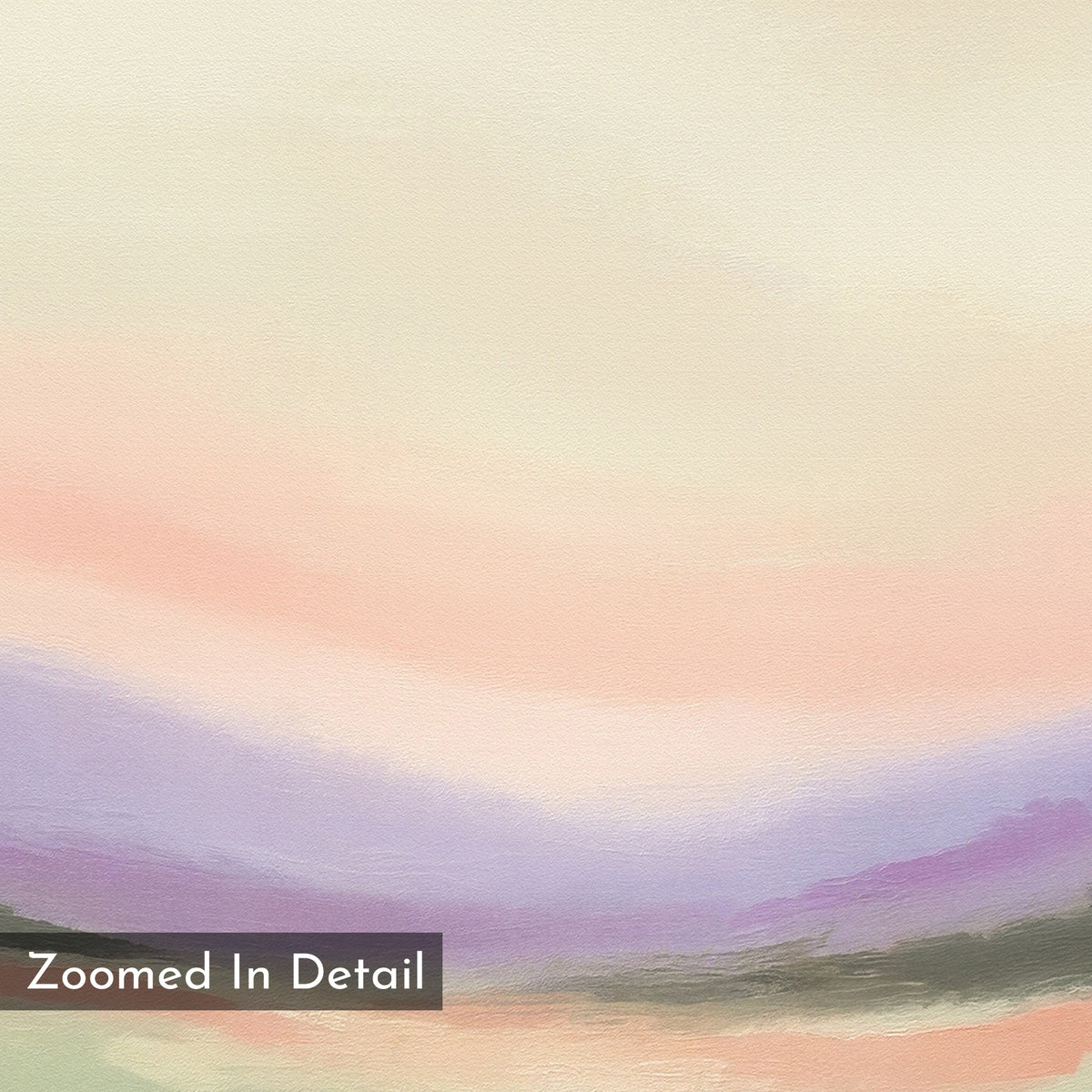 A close-up of the Lavender Valley Canvas Art - Vertical features serene abstract painting with soft, blended pastel pink, purple, cream, and light green tones. "Zoomed in detail" appears in a box at the bottom left corner.
