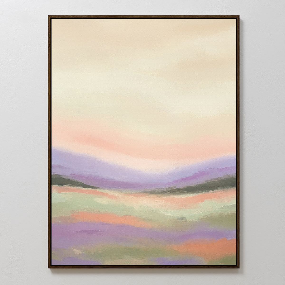 Lavender Valley Canvas Art - Vertical: a framed abstract landscape in soft pastel peach, purple, green, and cream, blending gentle hills and sky—perfect serene wall art for a Nordic Park-inspired space.
