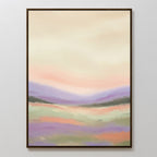 Lavender Valley Canvas Art - Vertical: a framed abstract landscape in soft pastel peach, purple, green, and cream, blending gentle hills and sky—perfect serene wall art for a Nordic Park-inspired space.