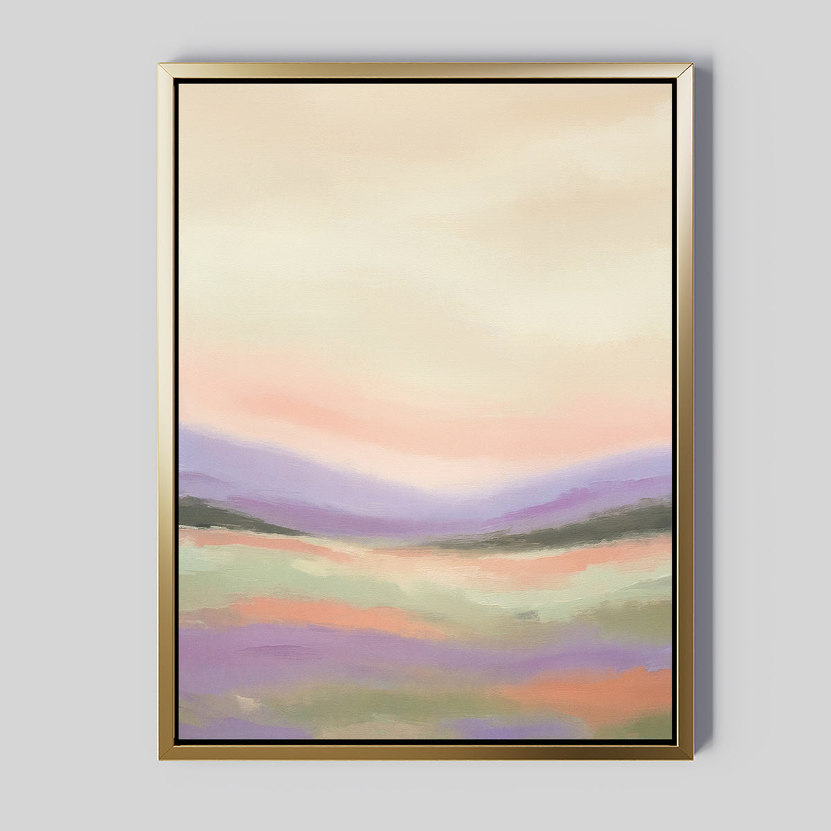 Lavender Valley Canvas Art - Vertical features a framed abstract landscape in soft pastels with blended purples, pinks, greens, and creams depicting rolling hills and a calm sky—perfect for Nordic Park-inspired decor.
