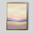 Lavender Valley Canvas Art - Vertical features a framed abstract landscape in soft pastels with blended purples, pinks, greens, and creams depicting rolling hills and a calm sky—perfect for Nordic Park-inspired decor.