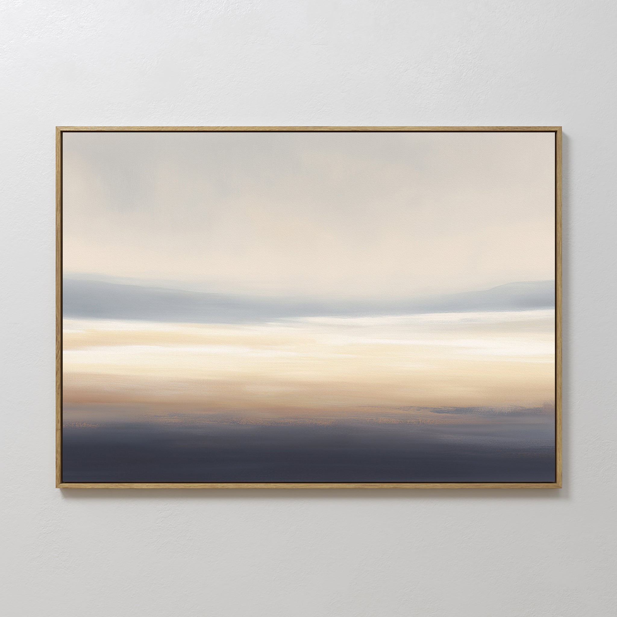 Layered Dusk Canvas Art - Horizontal features soothing beige, cream, and blue horizontal layers. This framed abstract print evokes a tranquil dusk landscape—ideal wall art for a Nordic Park-inspired space.