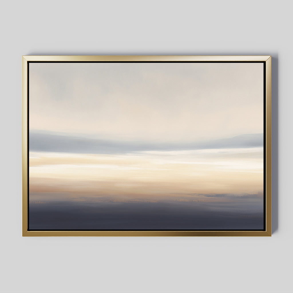 The Layered Dusk Canvas Art - Horizontal features soft beige, blue, and gray bands in a serene abstract design. Displayed in a gold frame with a black inner edge, it’s perfect for Nordic Park-inspired interiors against light gray walls.
