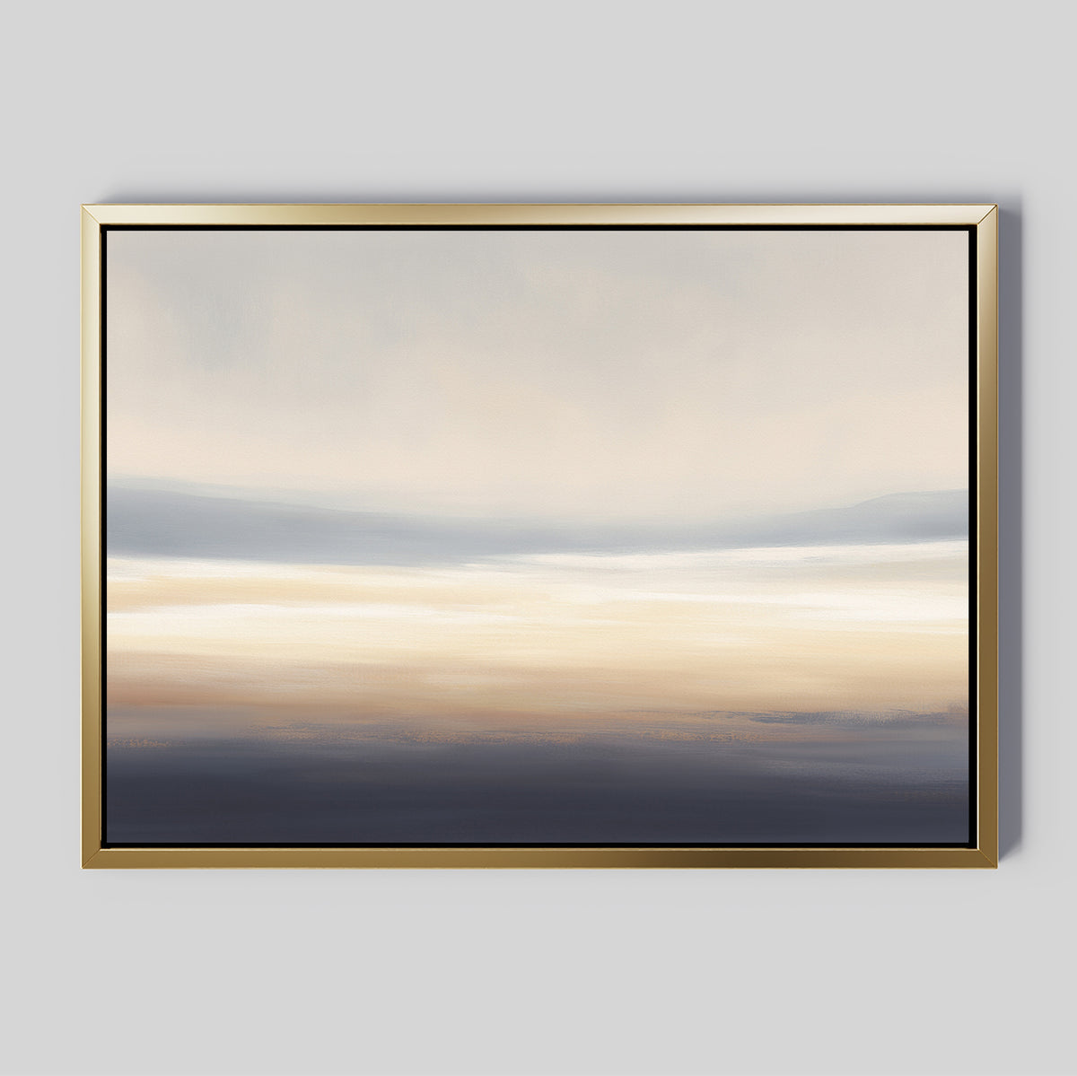 The Layered Dusk Canvas Art - Horizontal features soft beige, blue, and gray bands in a serene abstract design. Displayed in a gold frame with a black inner edge, it’s perfect for Nordic Park-inspired interiors against light gray walls.