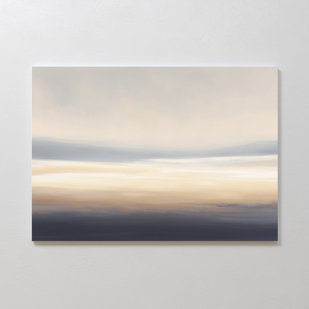 Bring Nordic Park serenity to your space with the Layered Dusk Canvas Art - Horizontal, featuring a calming abstract blend of beige, cream, gray, and navy blue hues that evoke a minimalist sunrise or sunset over the horizon.