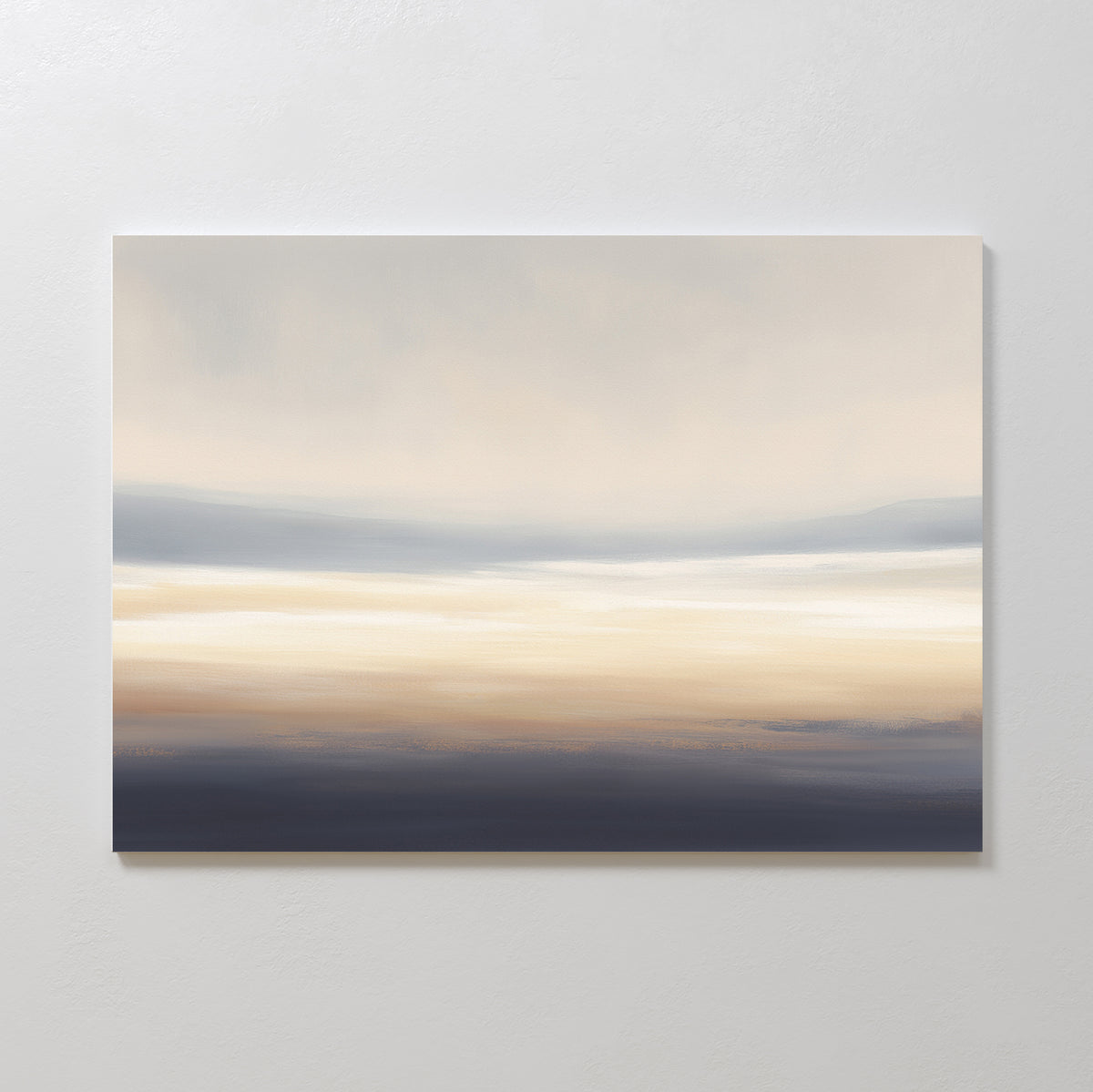 Bring Nordic Park serenity to your space with the Layered Dusk Canvas Art - Horizontal, featuring a calming abstract blend of beige, cream, gray, and navy blue hues that evoke a minimalist sunrise or sunset over the horizon.
