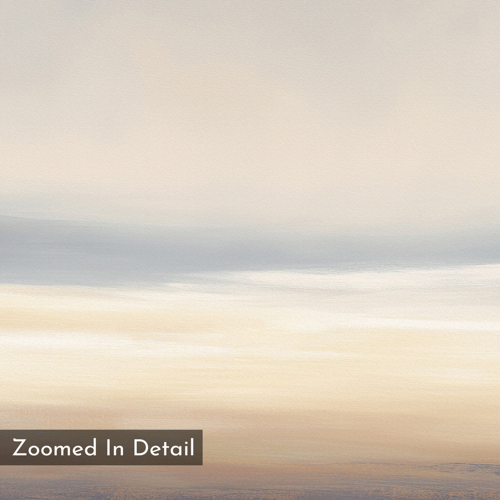 Soft, calming abstract print in muted beige, cream, and light blue tones with slight texture for depth. Text in the bottom left reads “Zoomed In Detail.” Perfect as Nordic Park-inspired wall art. Product: Layered Dusk Canvas Art - Horizontal.