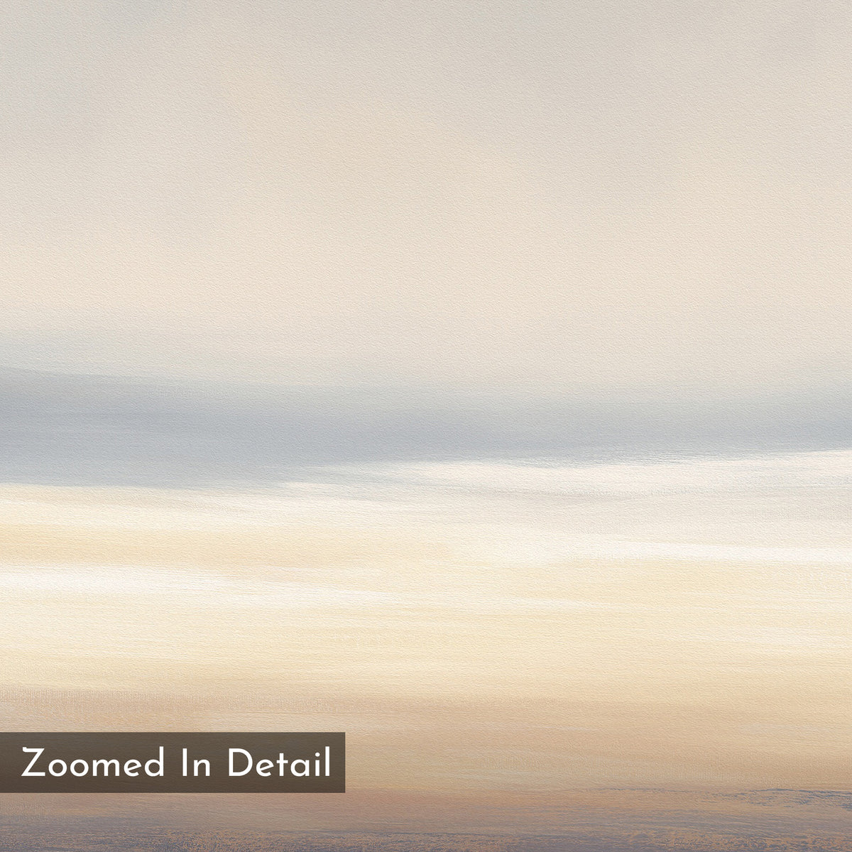Soft, calming abstract print in muted beige, cream, and light blue tones with slight texture for depth. Text in the bottom left reads “Zoomed In Detail.” Perfect as Nordic Park-inspired wall art. Product: Layered Dusk Canvas Art - Horizontal.