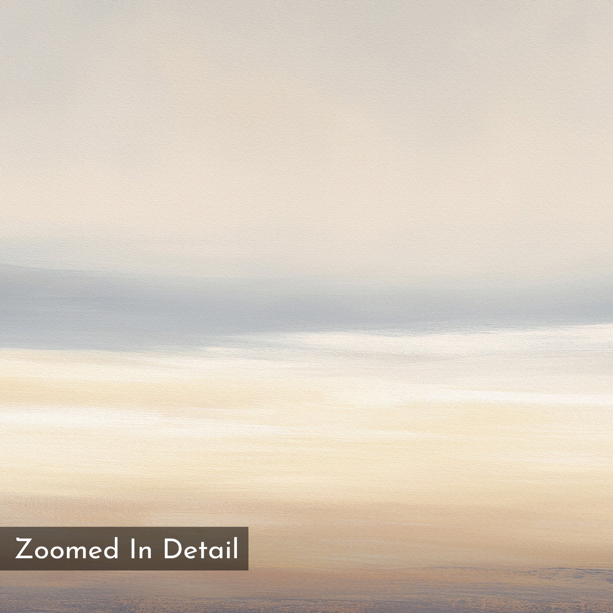 Soft, calming abstract print in muted beige, cream, and light blue tones with slight texture for depth. Text in the bottom left reads “Zoomed In Detail.” Perfect as Nordic Park-inspired wall art. Product: Layered Dusk Canvas Art - Horizontal.