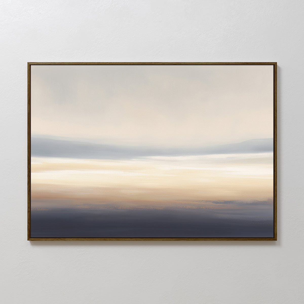 Layered Dusk Canvas Art - Horizontal features soothing bands of light beige, tan, and blue-gray for a minimalist Nordic look. This calming wall art adds elegance when displayed on a plain white wall.