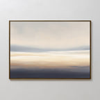Layered Dusk Canvas Art - Horizontal features soothing bands of light beige, tan, and blue-gray for a minimalist Nordic look. This calming wall art adds elegance when displayed on a plain white wall.