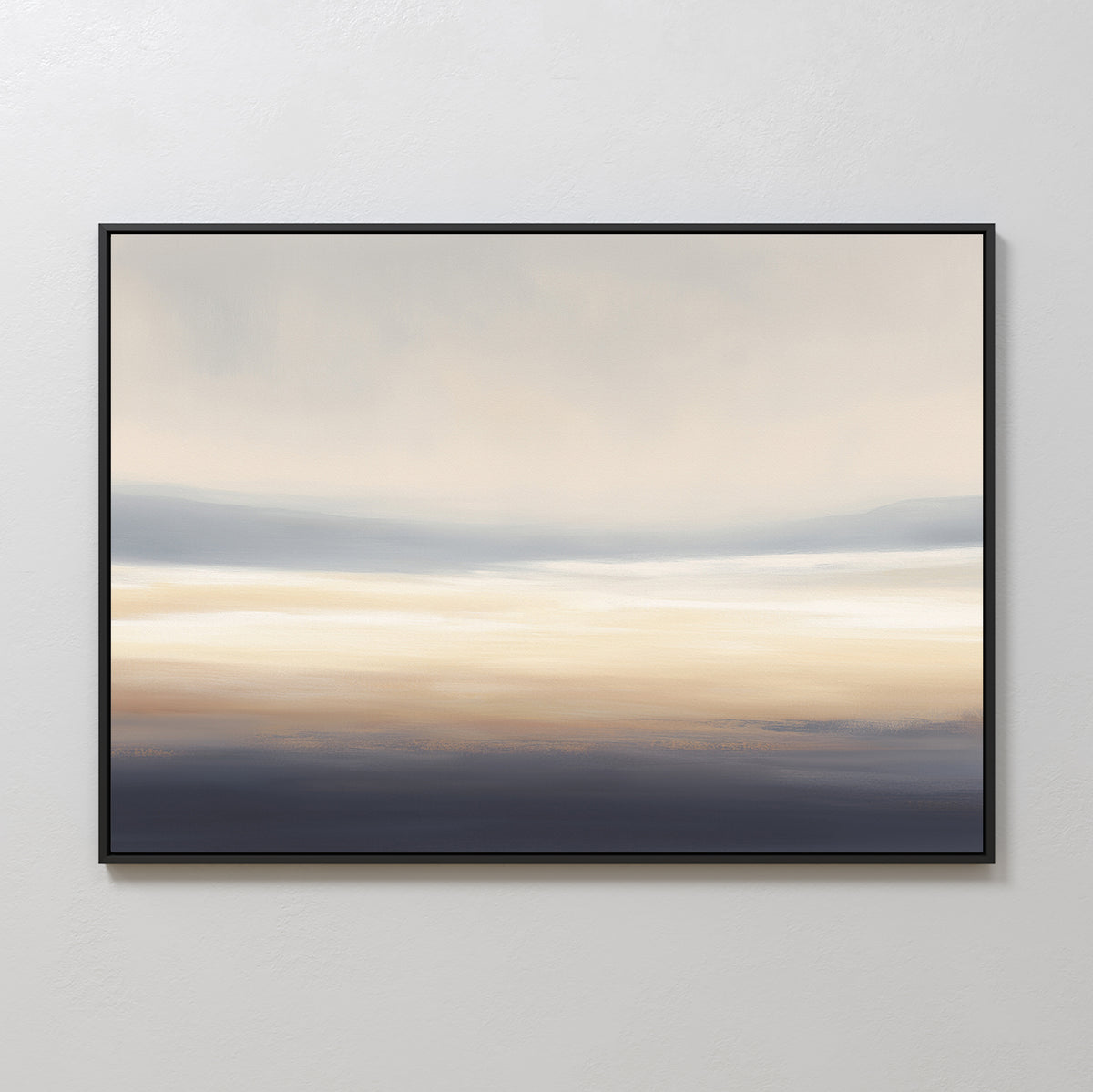 The Layered Dusk Canvas Art - Horizontal is a framed abstract print with soft cream, beige, blue, and gray tones that evoke a misty sunrise—perfect wall art for adding tranquility to any space.