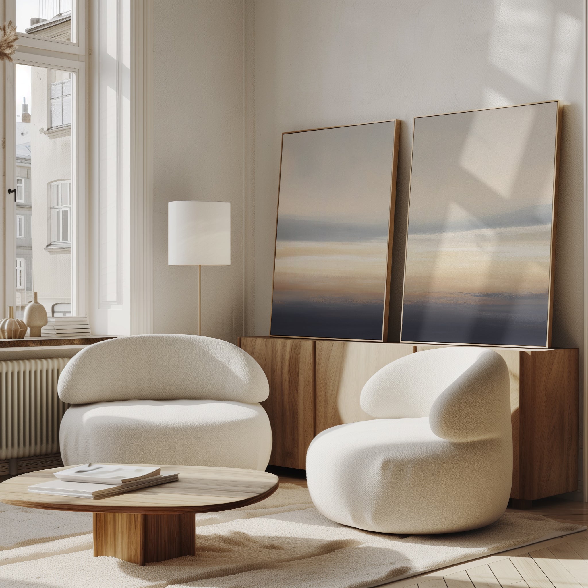 A modern living room featuring Layered Dusk - Set Of 2 rounded white armchairs, a low wooden coffee table, sideboard, abstract wall art, floor lamp, and large windows creates a serene atmosphere filled with natural light.