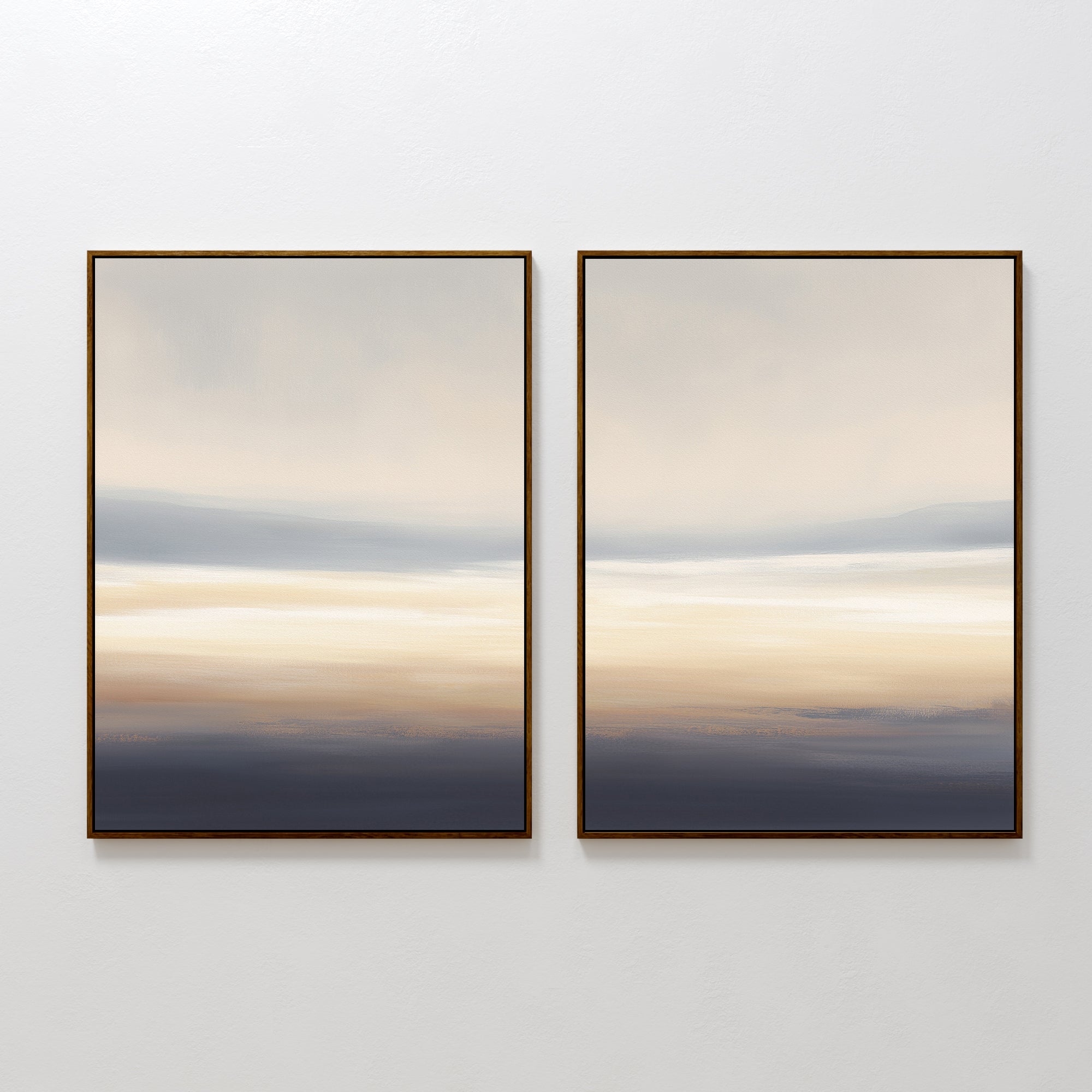 Layered Dusk - Set Of 2 features abstract framed wall art with soft horizontal gradients in beige, cream, gray, and blue, displayed side by side for a calming effect inspired by Nordic Park landscapes.