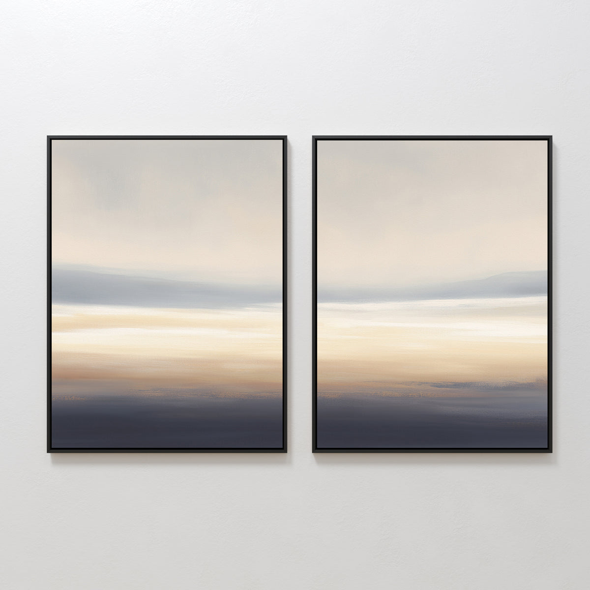 The "Layered Dusk - Set Of 2" features two framed abstract wall art pieces with soft horizontal bands in beige, gray, and dark blue on a white wall, creating a calming Nordic Park-inspired landscape.
