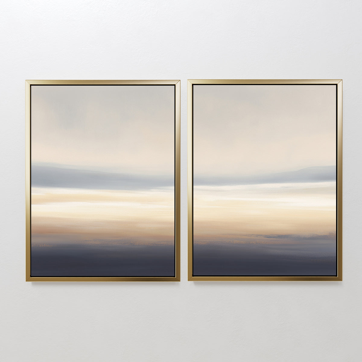 Layered Dusk - Set Of 2 features framed abstract wall art with soft blue, beige, and cream layers, evoking a tranquil sky or seascape—ideal for adding Nordic Park-inspired calm to any plain white wall.