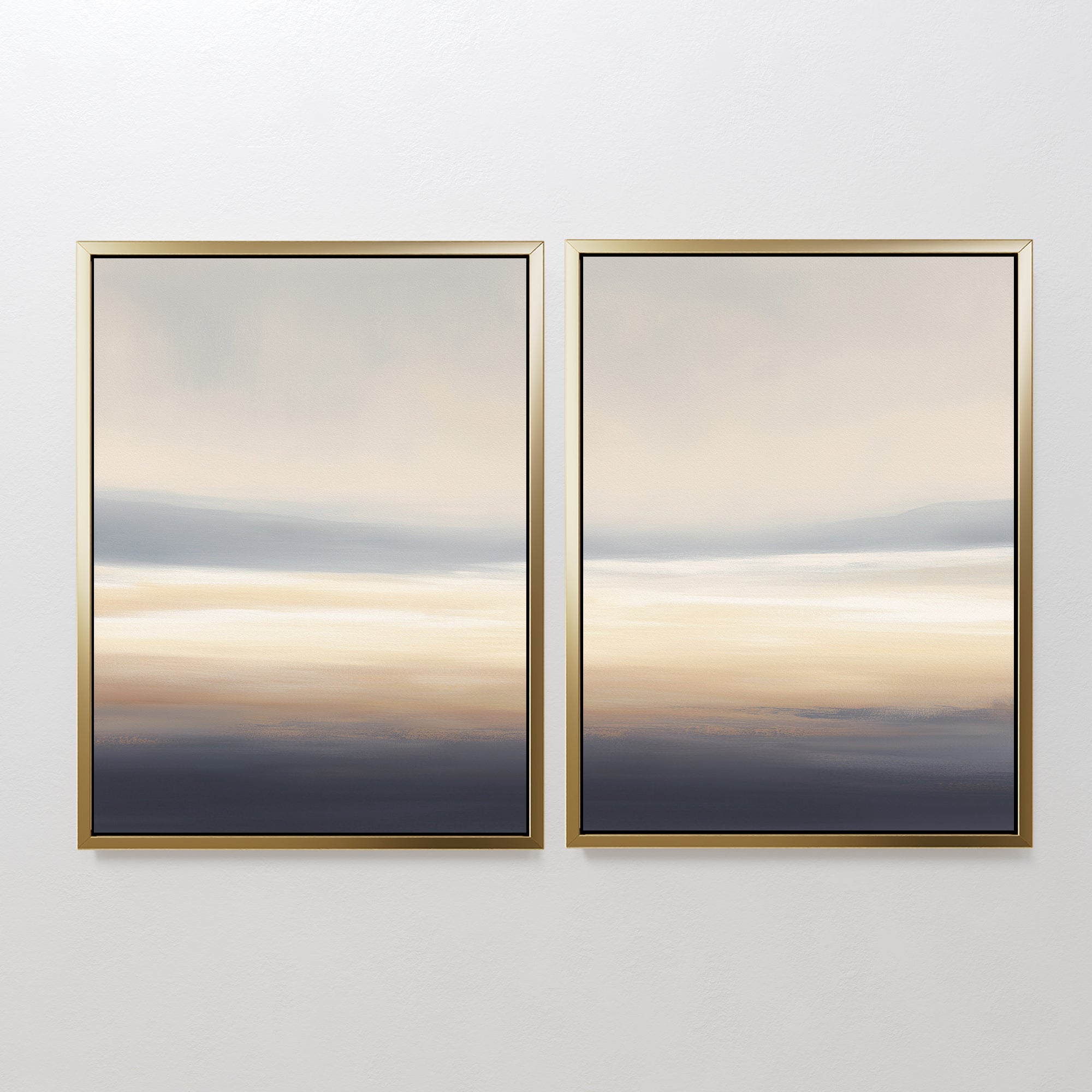 Layered Dusk - Set Of 2 features framed abstract wall art with soft blue, beige, and cream layers, evoking a tranquil sky or seascape—ideal for adding Nordic Park-inspired calm to any plain white wall.