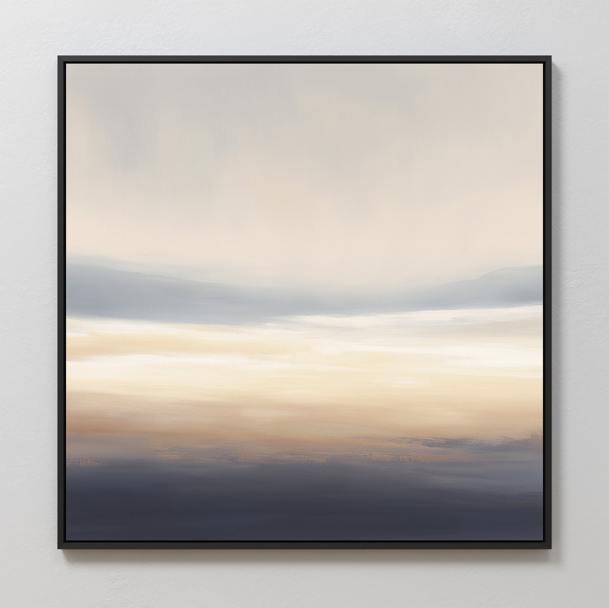 The Layered Dusk Canvas Art - Square features soft blends of beige, cream, blue, and gray in a minimalist abstract style. Set in a simple black frame and ideal for light-colored walls, it evokes the tranquil beauty of a sunrise.