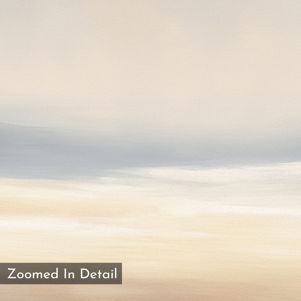 A calming print, the Layered Dusk Canvas Art - Square features gentle gradients of beige, cream, and light blue with smooth brushstrokes. “Zoomed In Detail” appears in the bottom left corner.