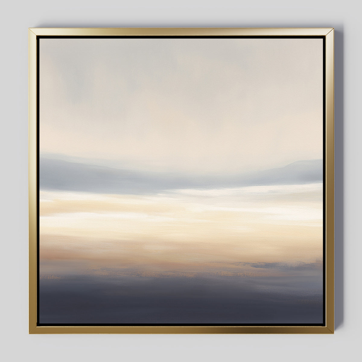 The Layered Dusk Canvas Art - Square features soft, blended hues from dark blue to beige, cream, and light gray in a tranquil abstract style. Set in a gold frame with subtle Nordic Park inspiration, it brings calm contemporary elegance to any space.